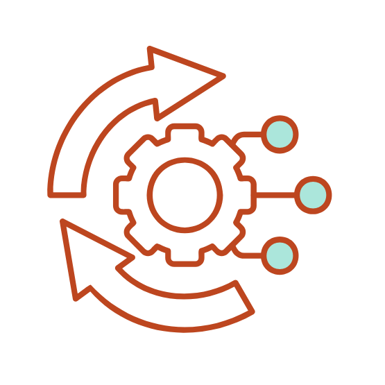 The image depicts a gear surrounded by two circular arrows, with three connected circles on the right side, representing a process or cycle related to automation or system integration.