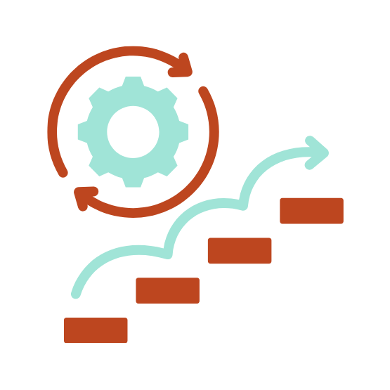 Line graph with ascending steps, gear icon with circular arrow signifying process or cycle, and small rectangles indicating growth or progress.