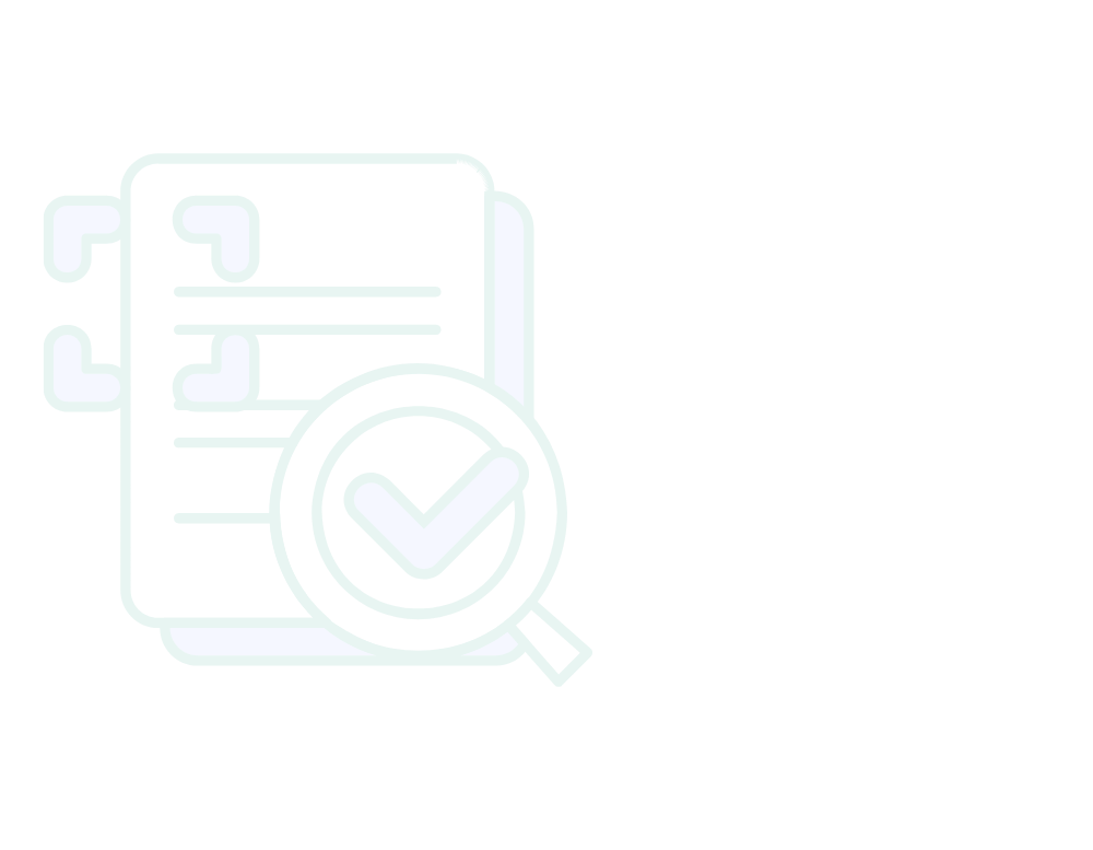 Outline illustration of documents with a magnifying glass and checkmark