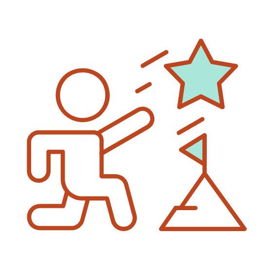 Simplified line drawing of a person kneeling and aiming a dart at a target with a star, triangle, and flag on the target.