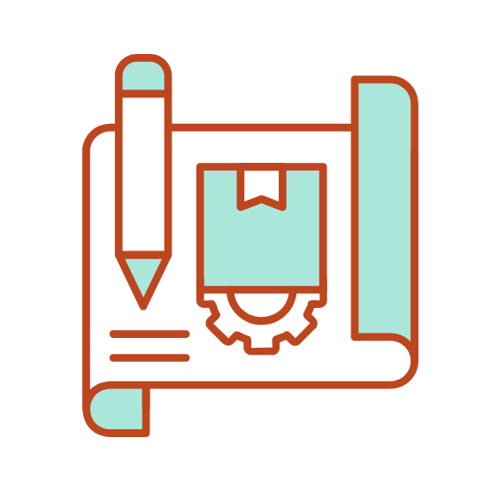 Icon of a bookmark, gear, pencil, and a rolled-up document on a scroll, representing design or creation.