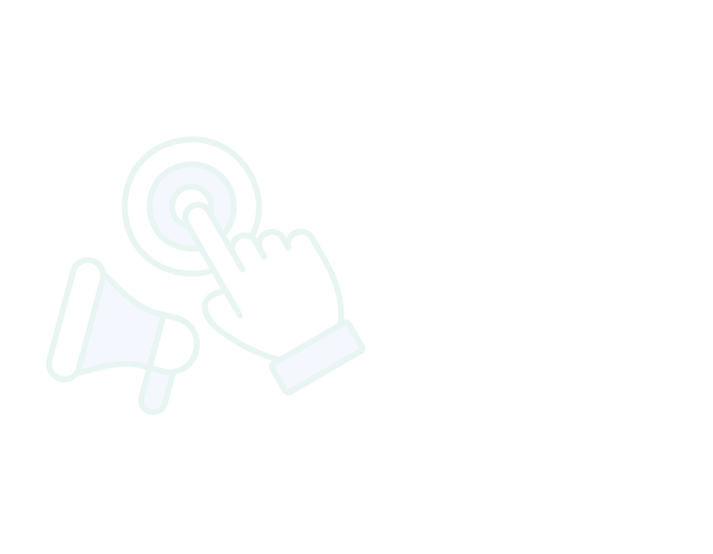 An illustration of a hand pressing a button with a finger, a megaphone to the left, and a hand with a pointing finger above the button, indicating an action to press or activate the button