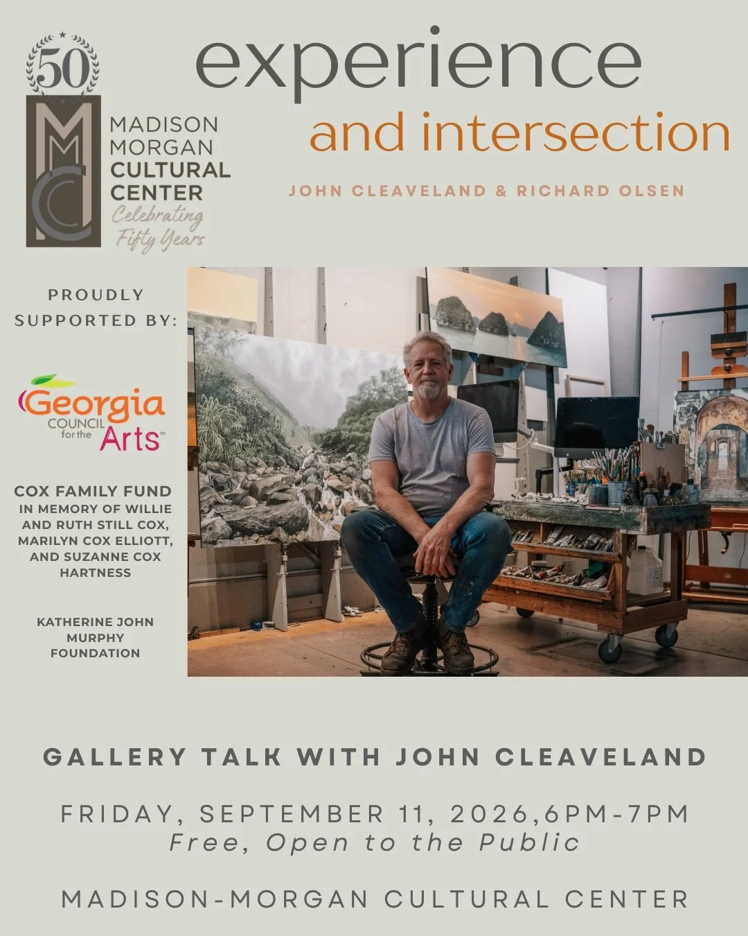 Please join us Friday, September 11, 2026 at 6PM in our upstairs galleries for a Q&amp;A gallery talk with esteemed artist, John Cleaveland. 

If you haven't already, please come see experience and intersection, the works of John Cleaveland and Richa