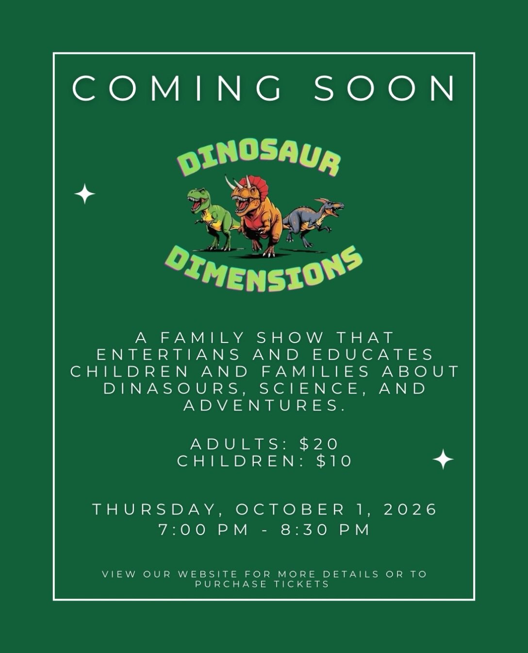 🦖 This family show will be fun for all! Visit our website to secure your spot today!