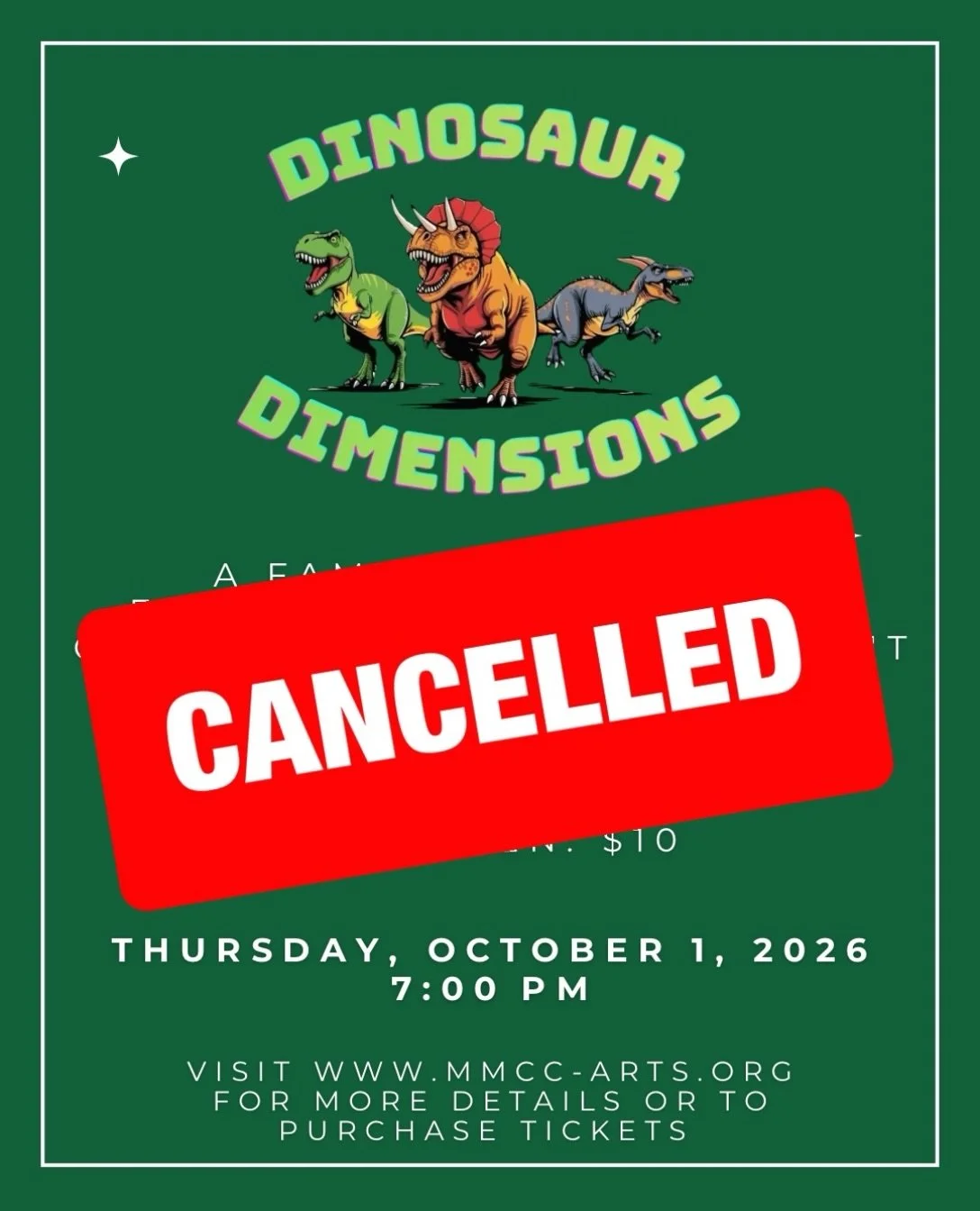 We regret to inform you that the Dinosaur Dimensions show on Thursday has been cancelled due to unforeseen circumstances. We apologize and are working on a reschedule date for the Spring and will post an update as soon as possible.

Thank you for you