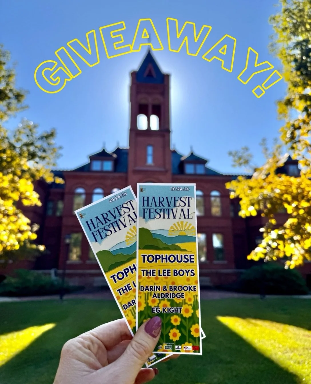 WIN 2 FREE TICKETS TO HARVEST FEST THIS SATURDAY, OCT 24th! 4-9pm

Our awesome lineup includes:
@tophousetheband 
@theleeboys 
@darinandbrookealdridge 
@eg_kight_music 

434 S Main St Madison, Ga 30650

How to enter:
1. Follow us @madisonculturalcent