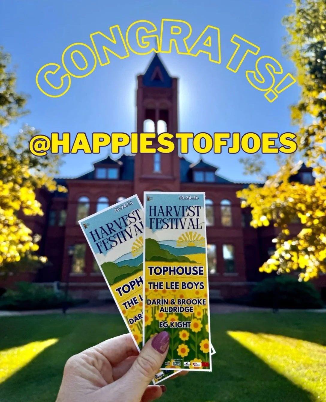 Congrats to @happiestofjoes for winning 2 free tickets to Harvest Festival! See you tomorrow!!!