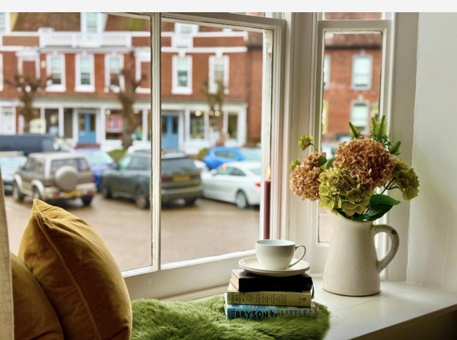 A cozy windowsill with a stack of books, a white cup on a saucer, and a vase of pink hydrangeas, overlooking a street with parked cars and brick houses.