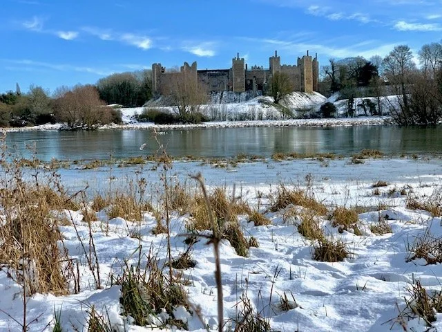 Snow-covered ground with dried grass in the foreground, the calm waters of the castle moat in the middle, and a medieval castle with tall towers and battlements on a hill in the background under a partly blue sky.