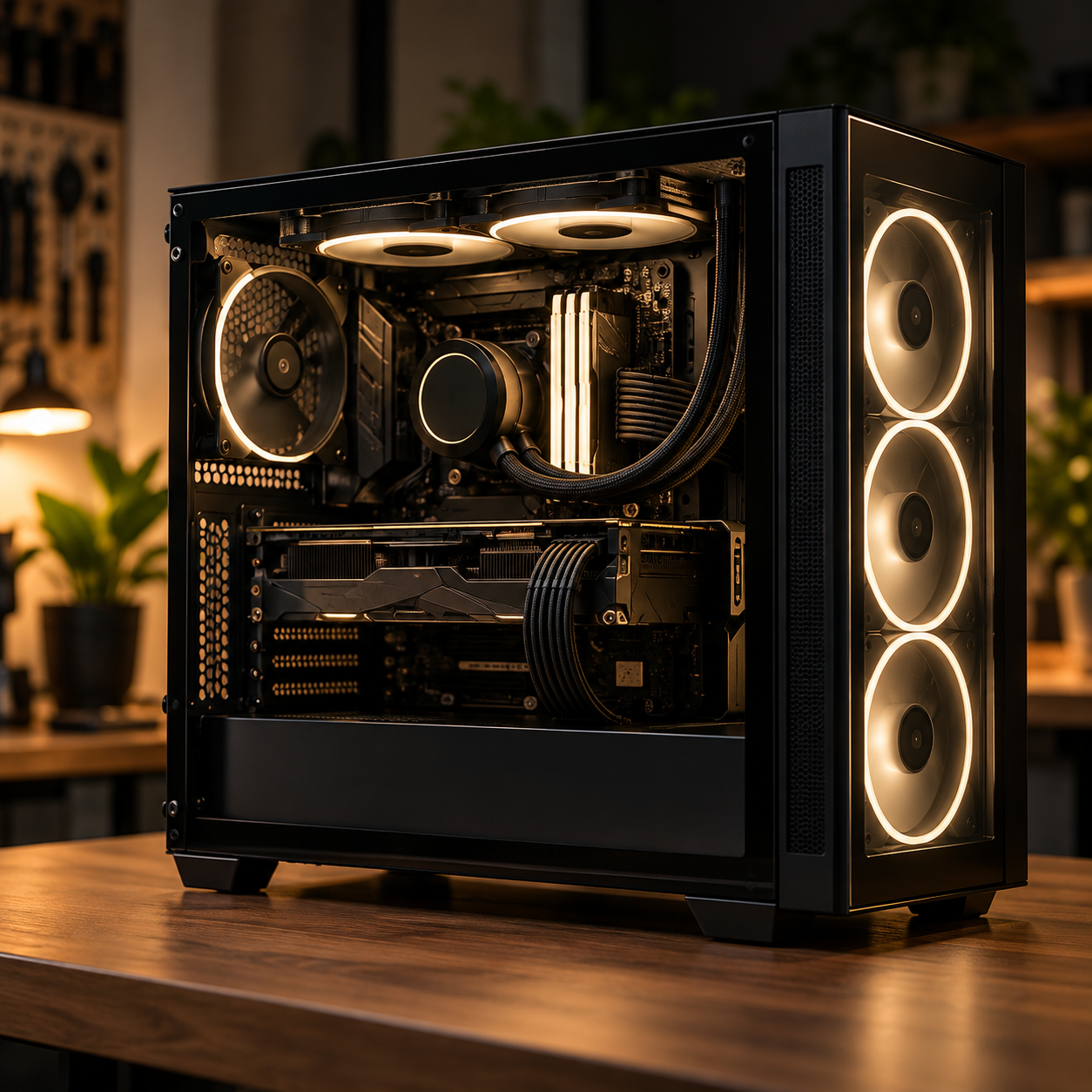 Illustrative black gaming PC with warm lighting — clean and understated