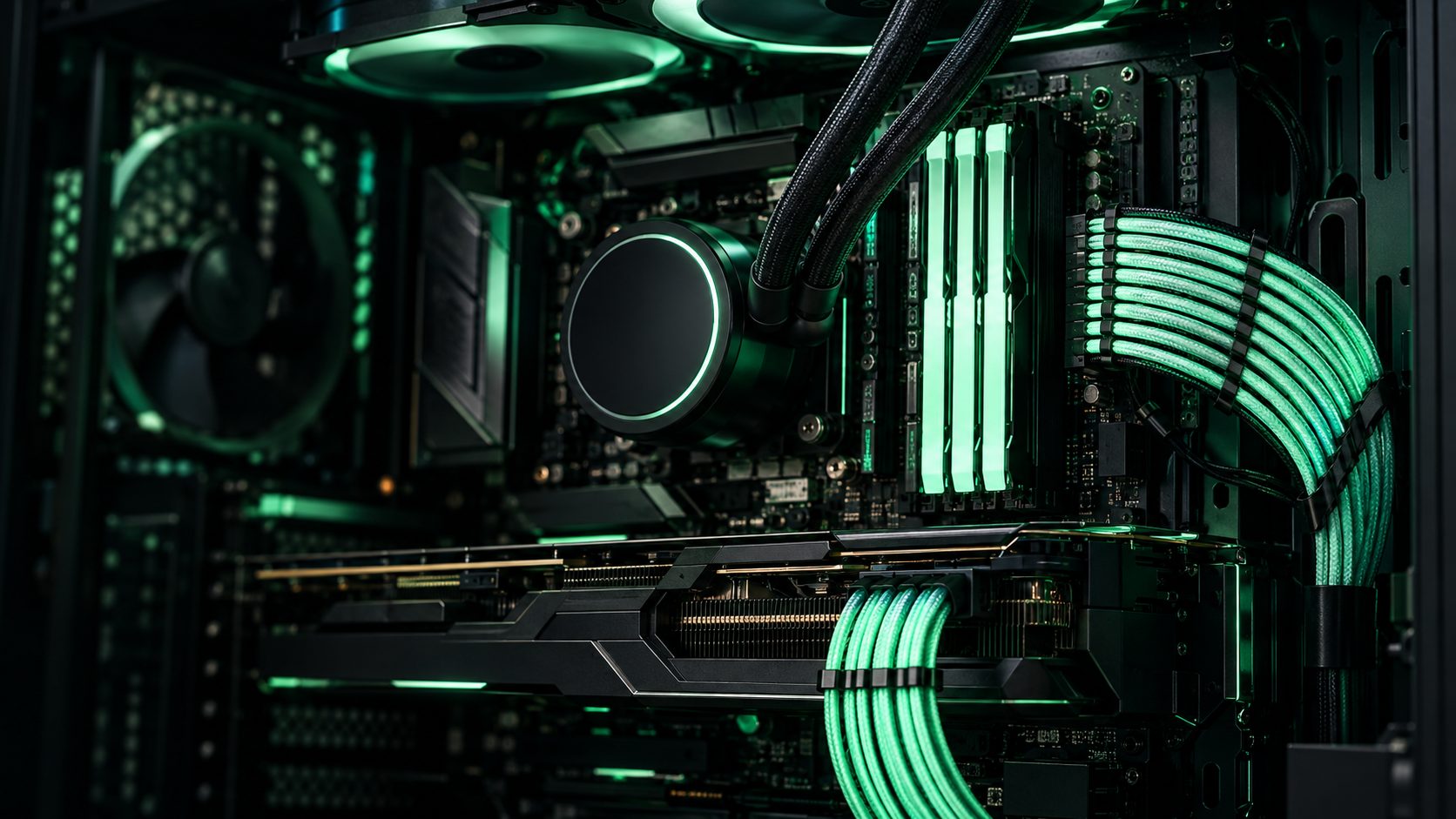 Illustrative custom gaming PC interior with mint lighting and neatly arranged cables