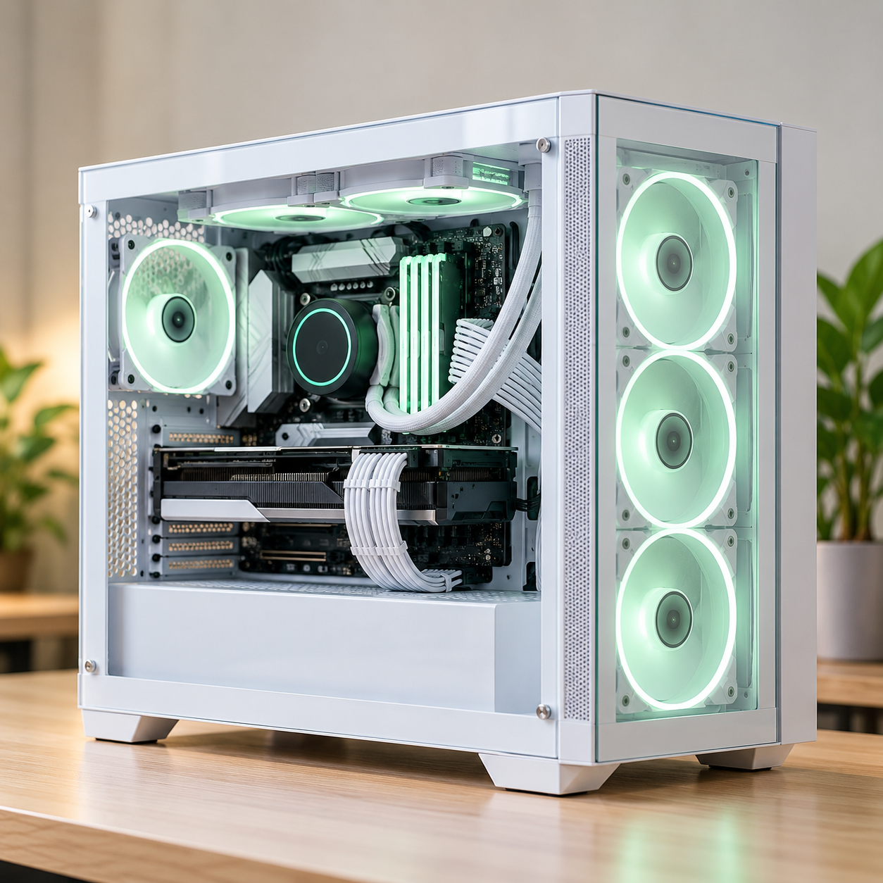 Illustrative white SpecTech gaming PC with mint lighting