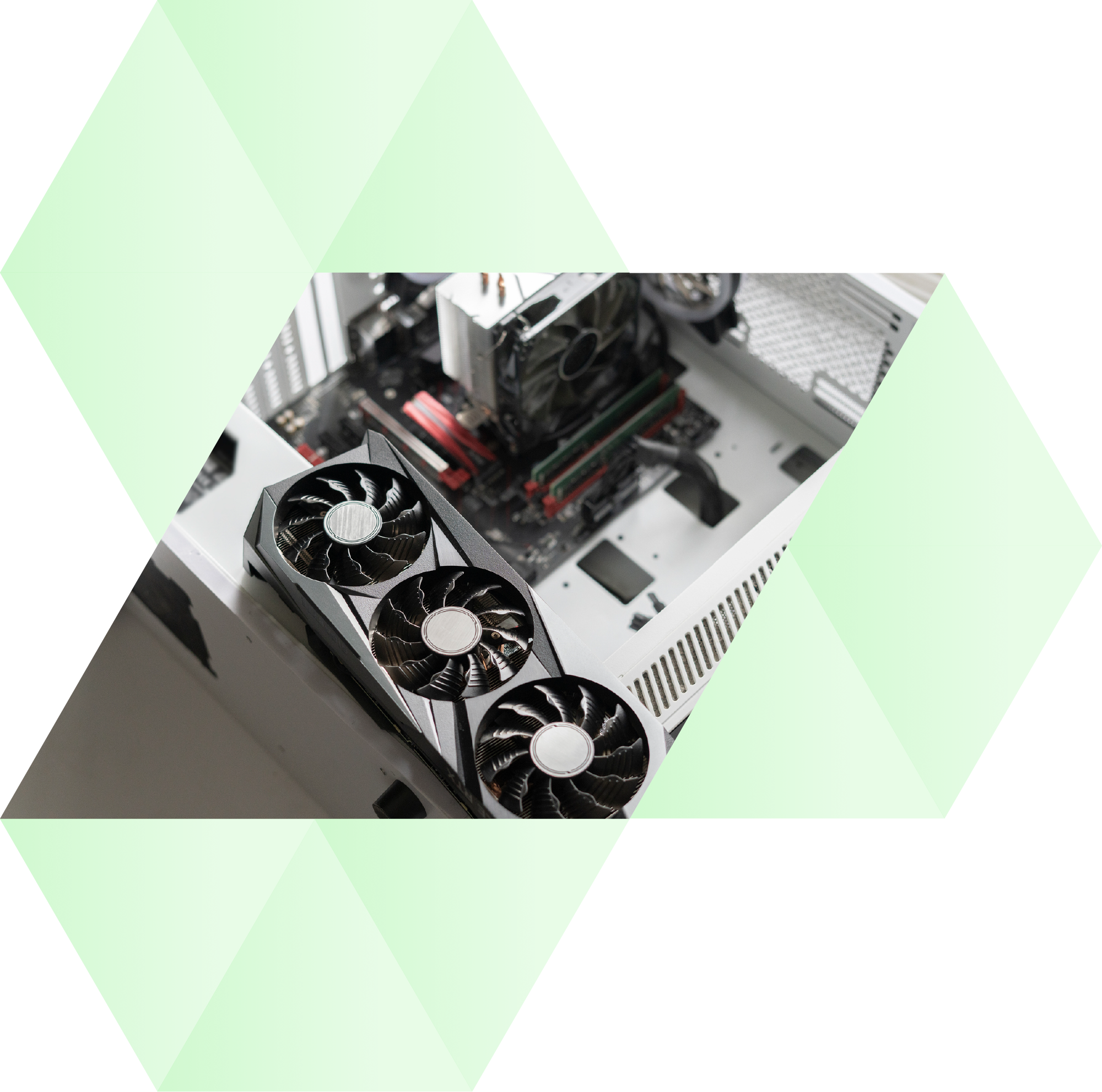 Close-up of a computer graphics card inside a white computer case with green geometric overlay