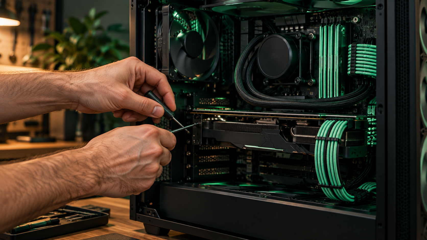 Illustrative PC workshop with a gaming computer undergoing careful assembly