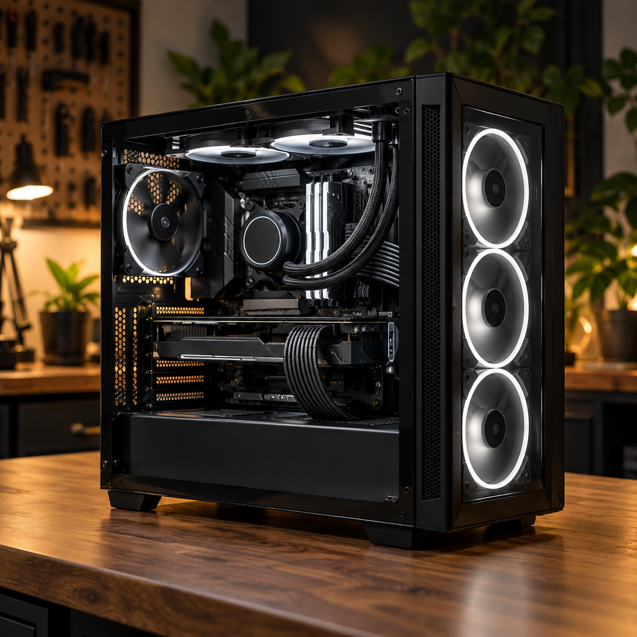 Illustrative black gaming PC with cool mint lighting — built for performance