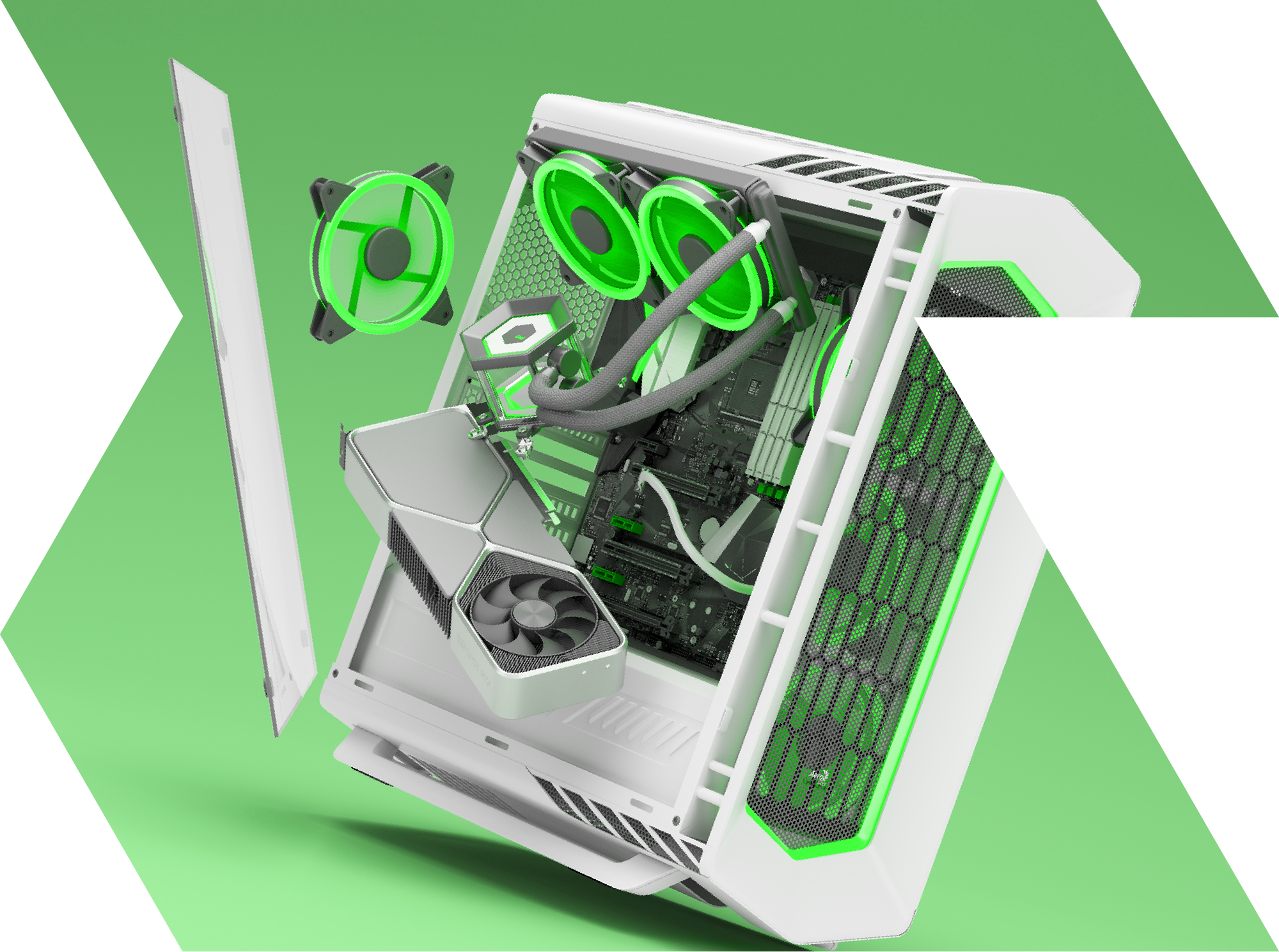 A white computer case with white and green accents, showing internal components including cooling fans and liquid cooling tubes.