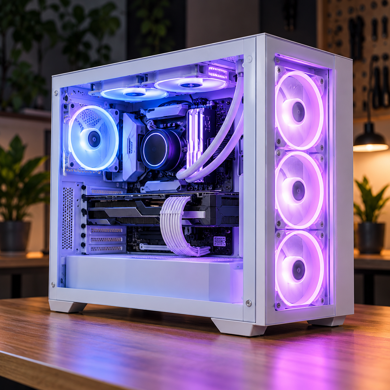 Illustrative white gaming PC with lilac lighting — colourful and personal