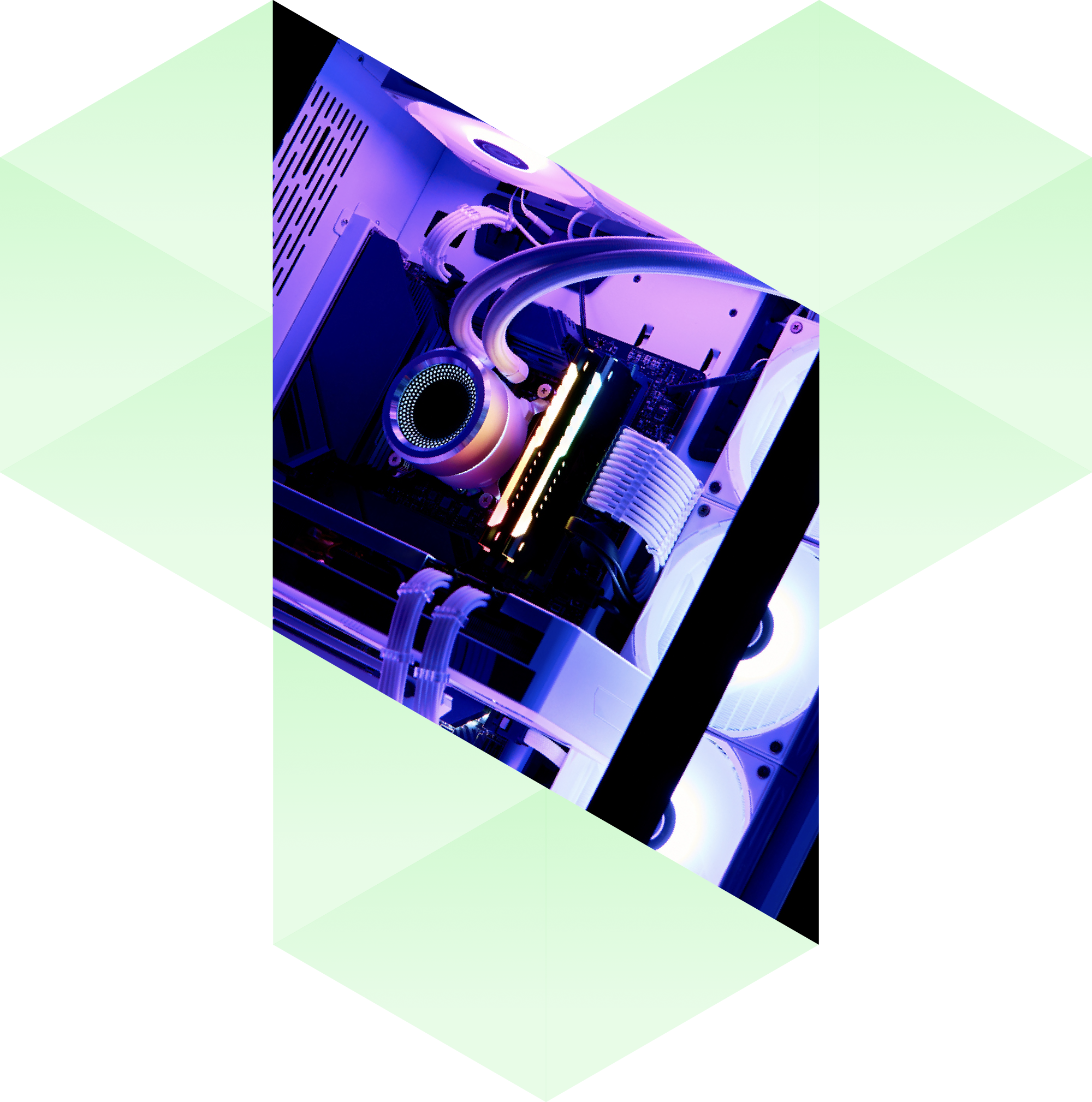 A gaming computer with RGB lighting inside a white case, showing components like the graphics card, cooling system, and power supply, partially visible through an open side panel.