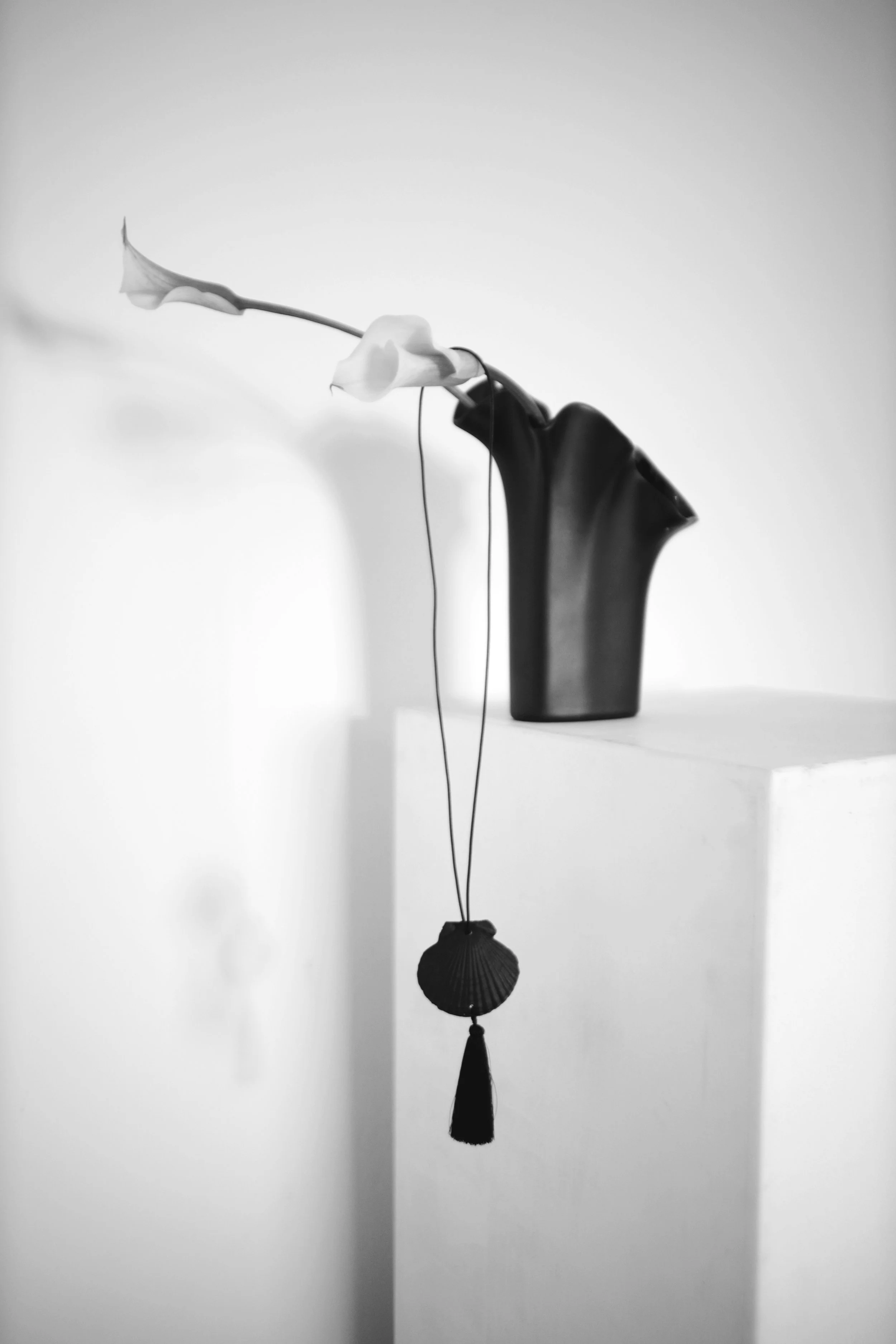 Schwarze Vase mit weißen Calla-Lilien und einer dekorativen schwarzen Kordel auf weißem Podest, Schwarz-Weiß-Fotografie.