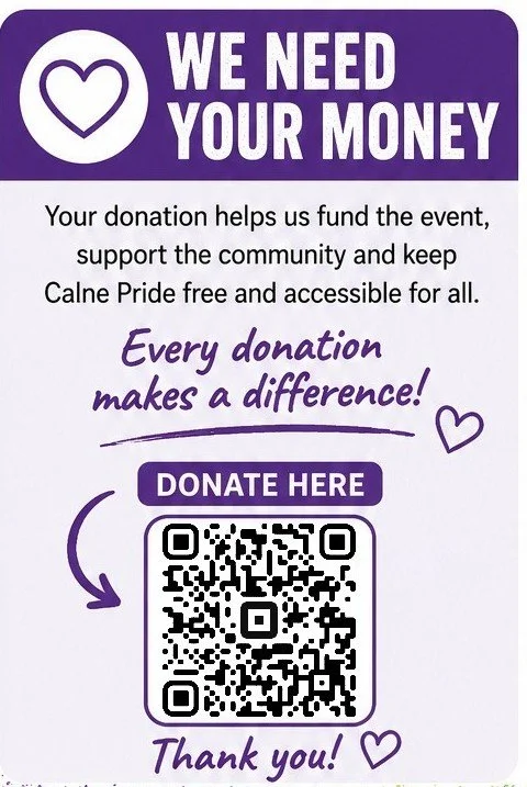 A flyer with a purple and white color scheme, asking for donations to fund an event and support the community, with a QR code for donation and handwritten style text.