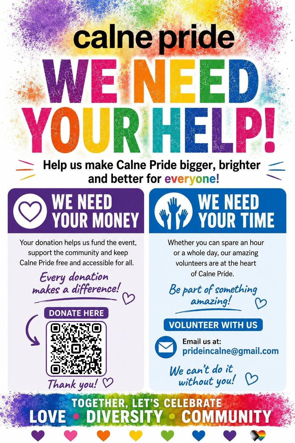 Colorful poster for Calne Pride seeking donations and volunteers, encouraging support for community event with rainbow-colored text and graphics.