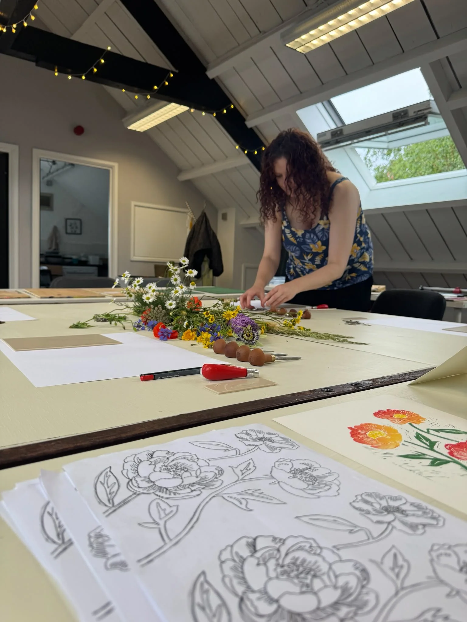 Rachael, one of the artists running workshops at Woodmill ahead of a botanical themed lino workshop.