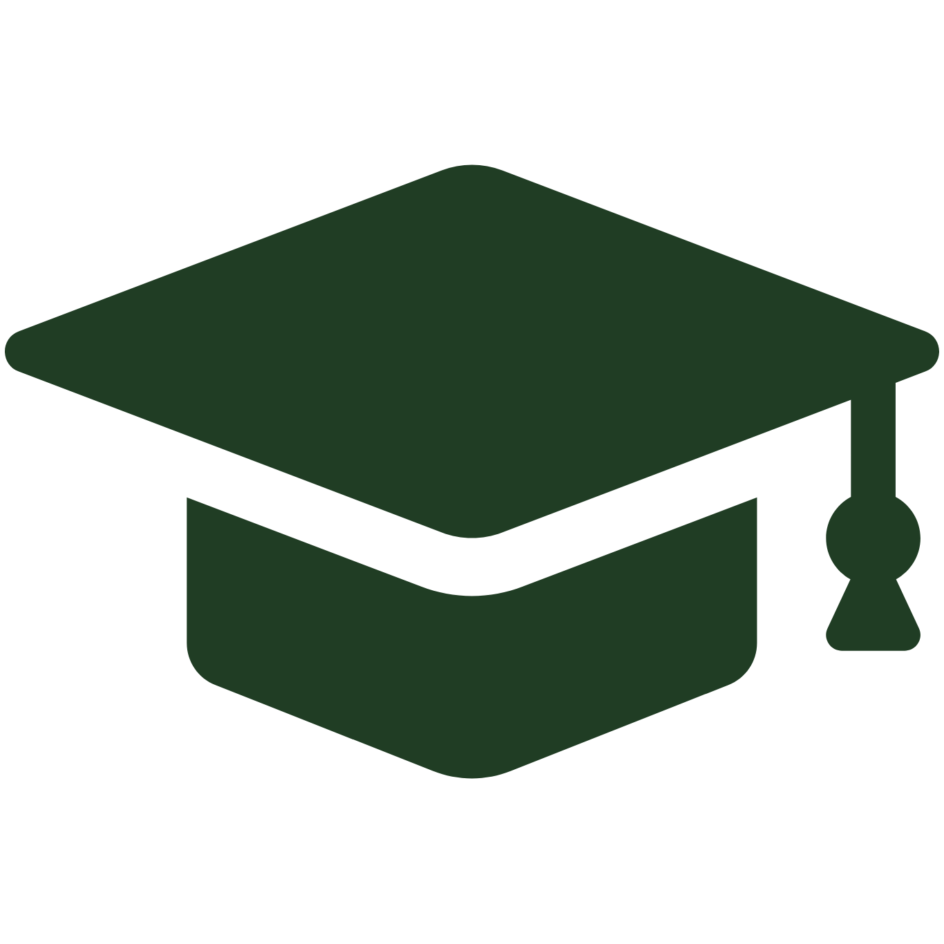 Graduation cap icon in dark green.