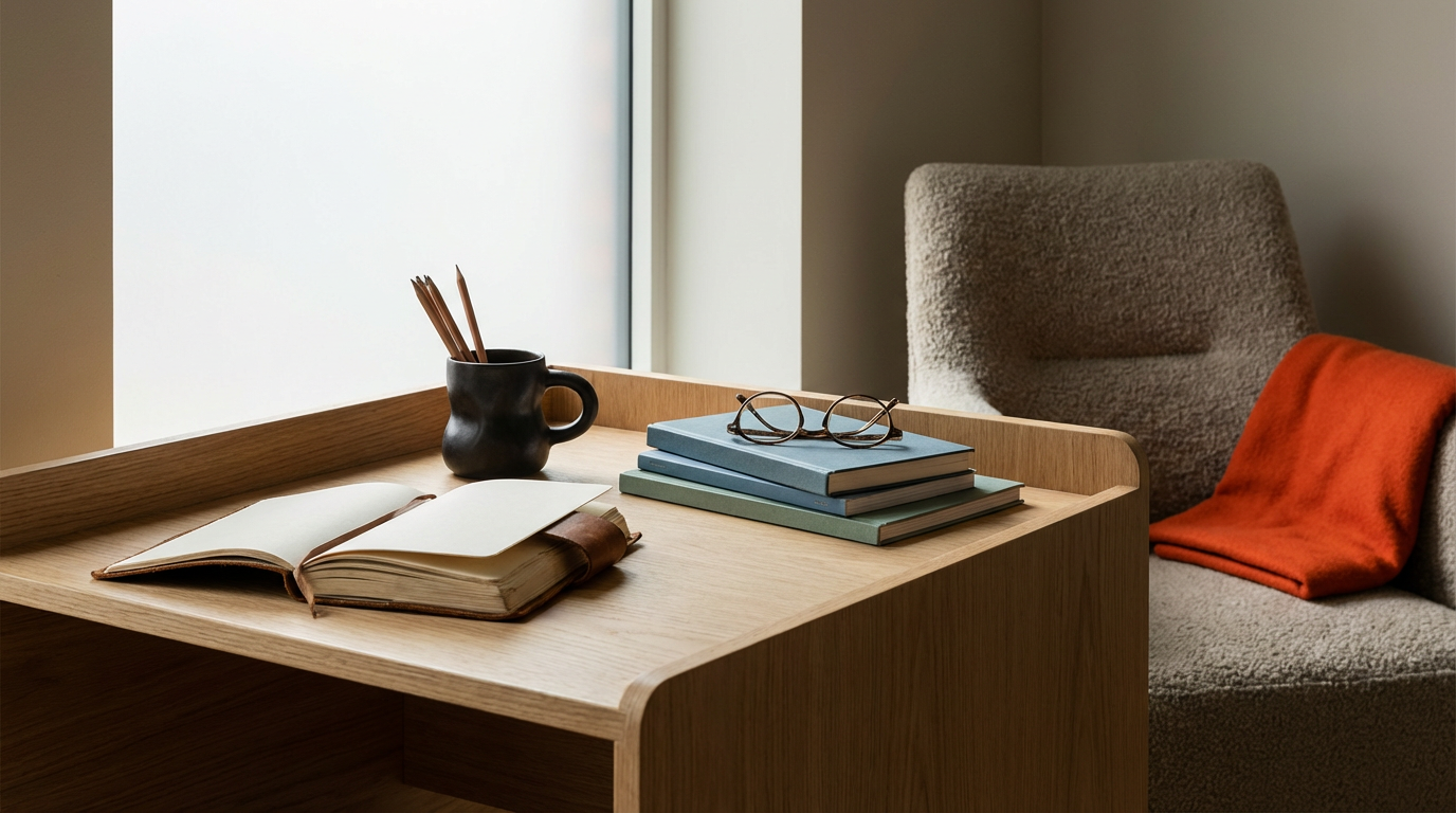 A wooden desk by a window with an open notebook, a black mug holding pencils, a stack of books with glasses on top, and a beige armchair with an orange throw blanket.