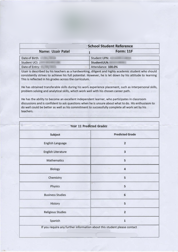 School student reference for Uzair Patel, age 17, with predicted grades for 11 subjects, including Mathematics, Chemistry, Physics, and others.