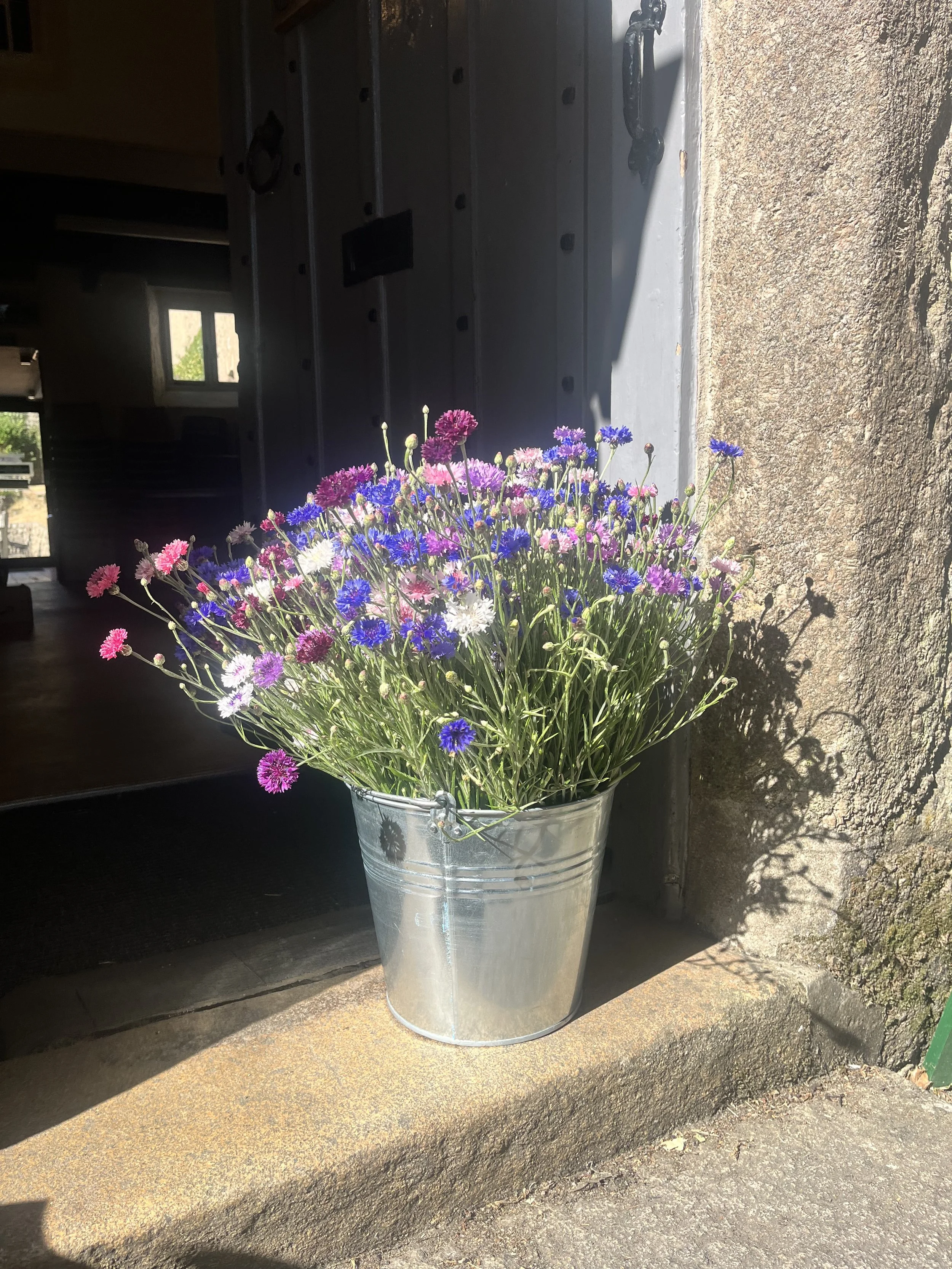 A bucket filled with a large bouquet of pink, purple, white, and blue flowers is placed outside on a stone step near a wall and a window.