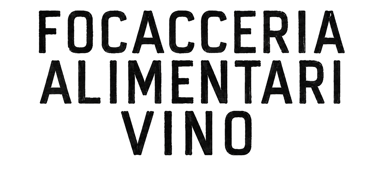 Black text on a white background that says "Focacceria Alimental Vino" in a bold, hand-drawn style.