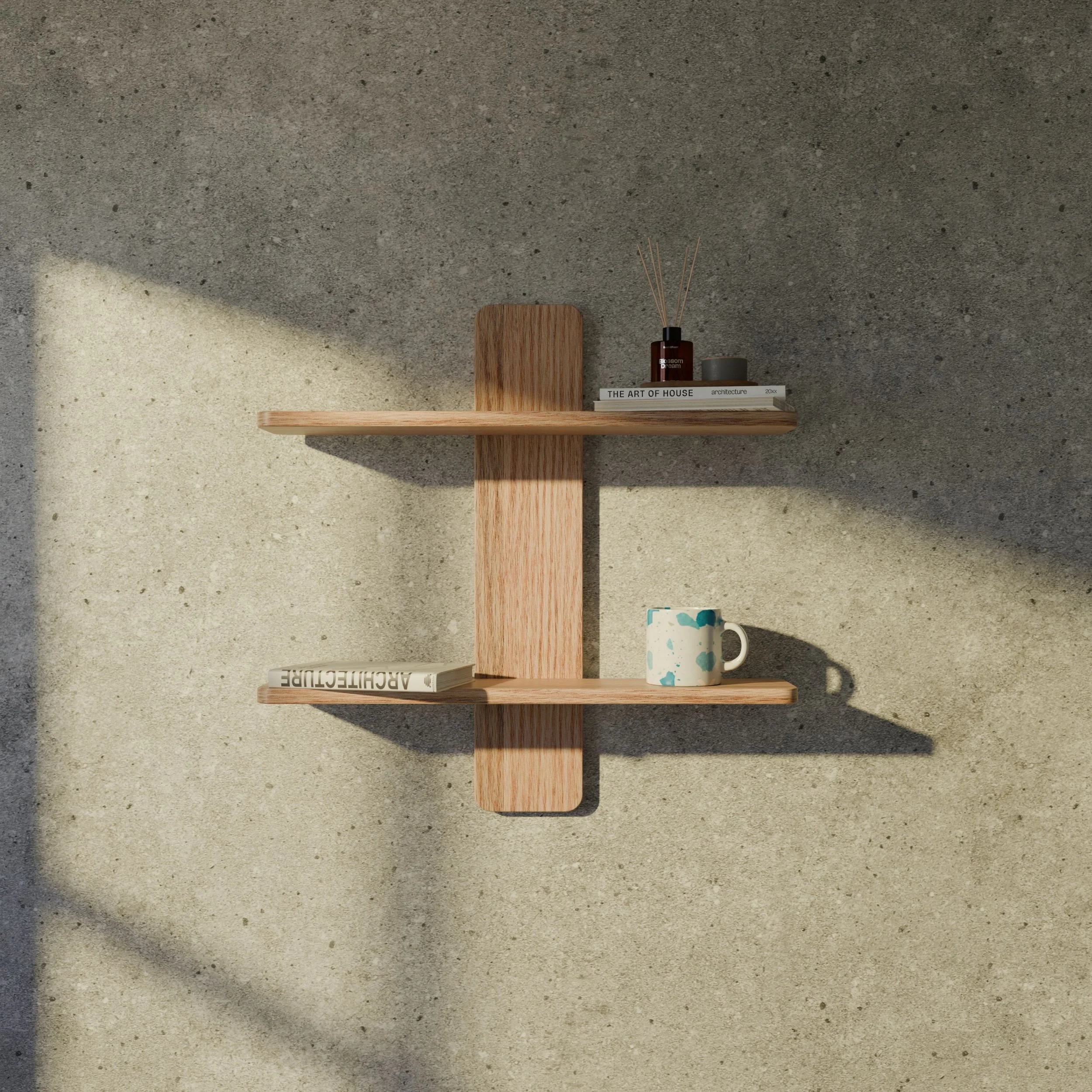 simple wall shelf with books and coffee much