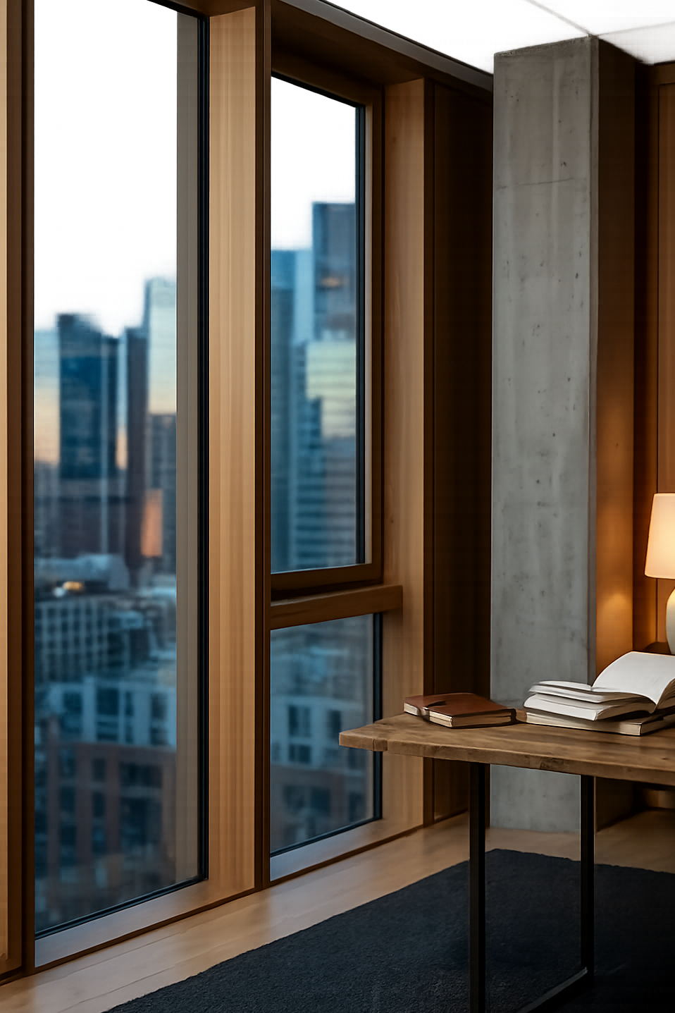 Interior of a high-rise apartment with large windows showing a city skyline, a wooden desk with books, and a lamp.