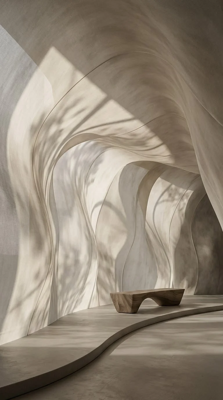 Modern interior with flowing, curvilinear walls and a matching wooden bench, with shadows cast on the wall.