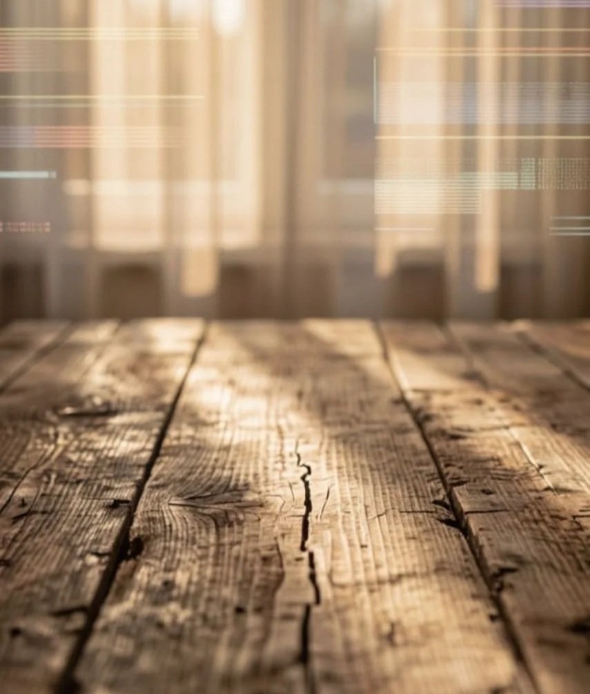 Close-up of a wooden tabletop with visible cracks and grain, with blurred curtains and sunlight in the background.