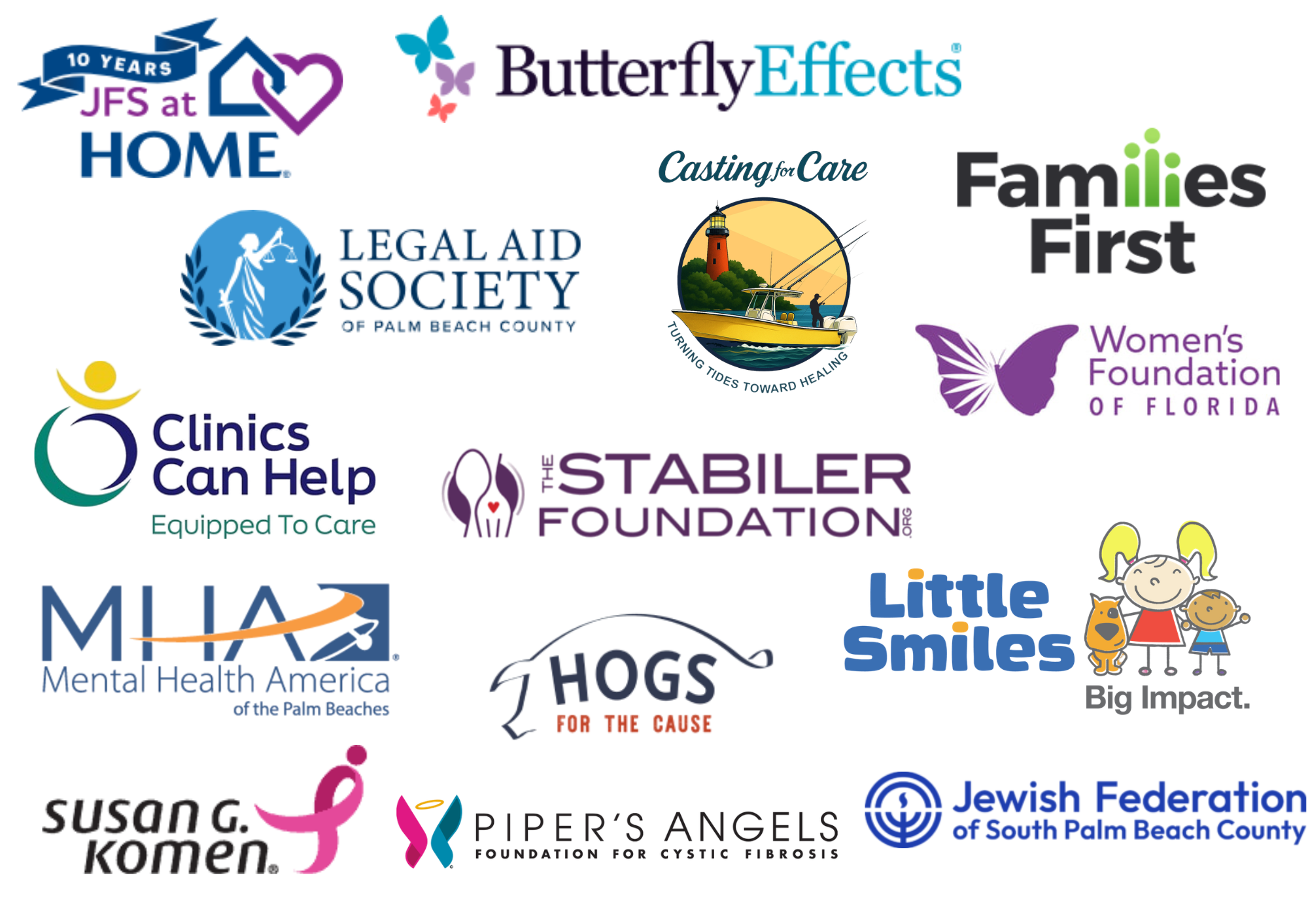 A collage of logos from various organizations supporting health, families, the community, and charitable causes, including Butterfly Effects, Families First, Legal Aid Society, Clinics Can Help, The Stabiler Foundation, Big Impact, MIA, Little Smiles, Susan G. Komen, Piper's Angels Foundation, Jewish Federation, and others.