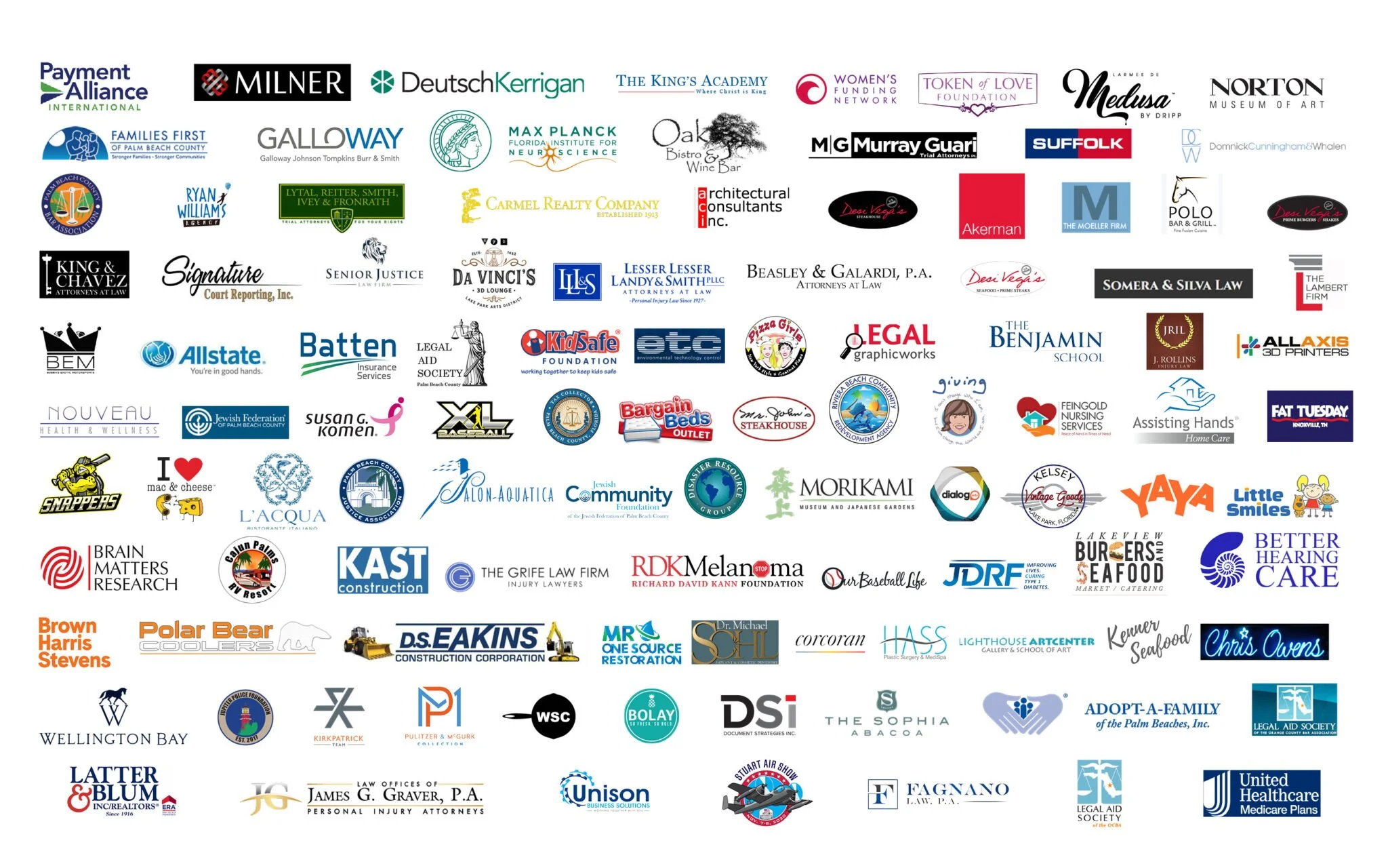 A collage of numerous logos for various organizations, companies, and law firms, arranged in rows and columns.