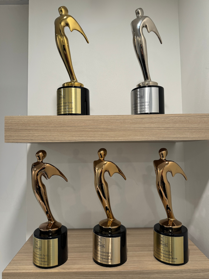 Six awards trophies shaped like a bird with a curved beak, three with a gold finish and three with a silver finish, all on black bases, displayed on two wooden shelves.