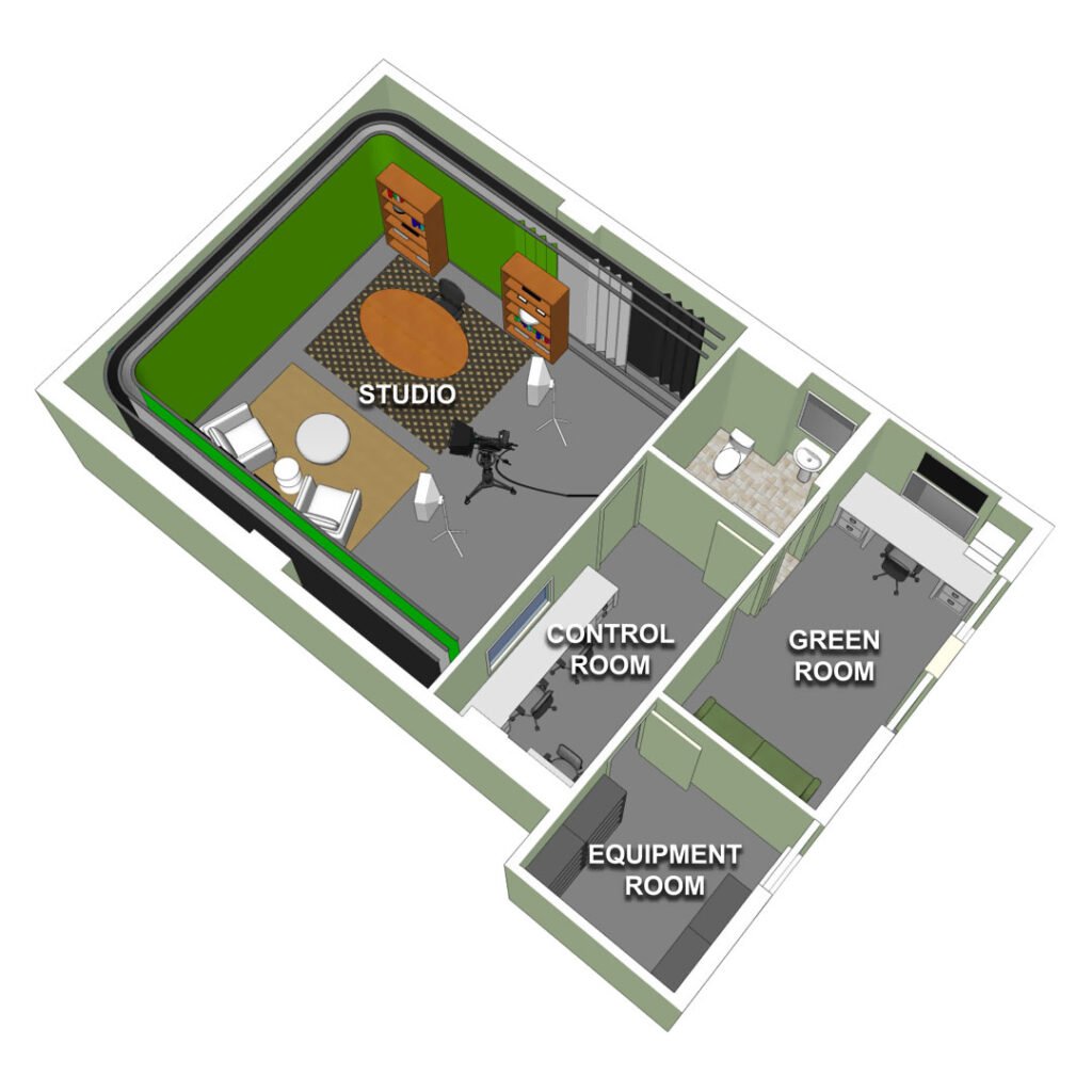 3D floor plan of a building with labeled rooms: studio, control room, green room, and equipment room.