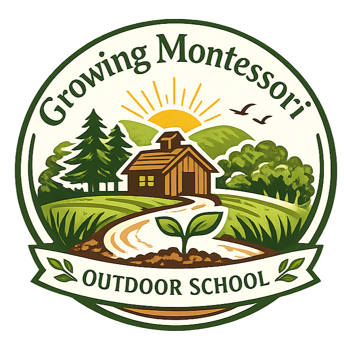 Logo for Growing Montessori Outdoor School featuring a wooden schoolhouse, a winding path, a sprouting plant, trees, mountains, and a sunrise with birds.
