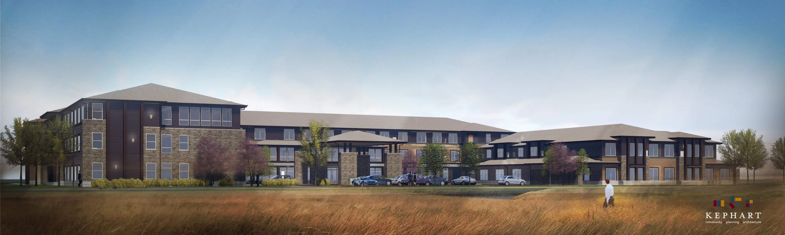 Rendering of a modern multi-story residential building with stone and dark siding, surrounded by trees and parked cars, under a clear sky.