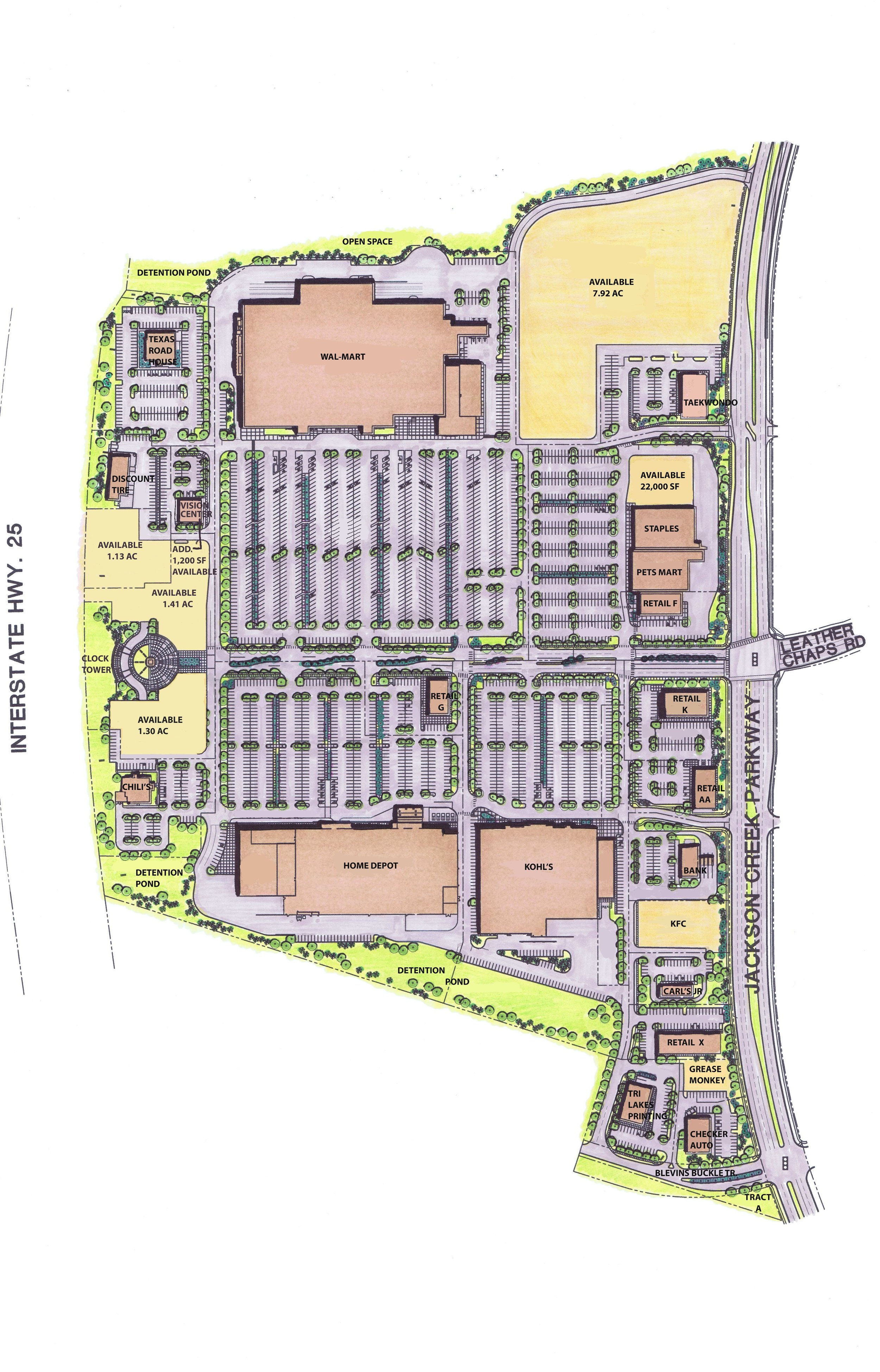 A shopping center map showing various retail stores, restaurants, parking lots, and green spaces along a main road.
