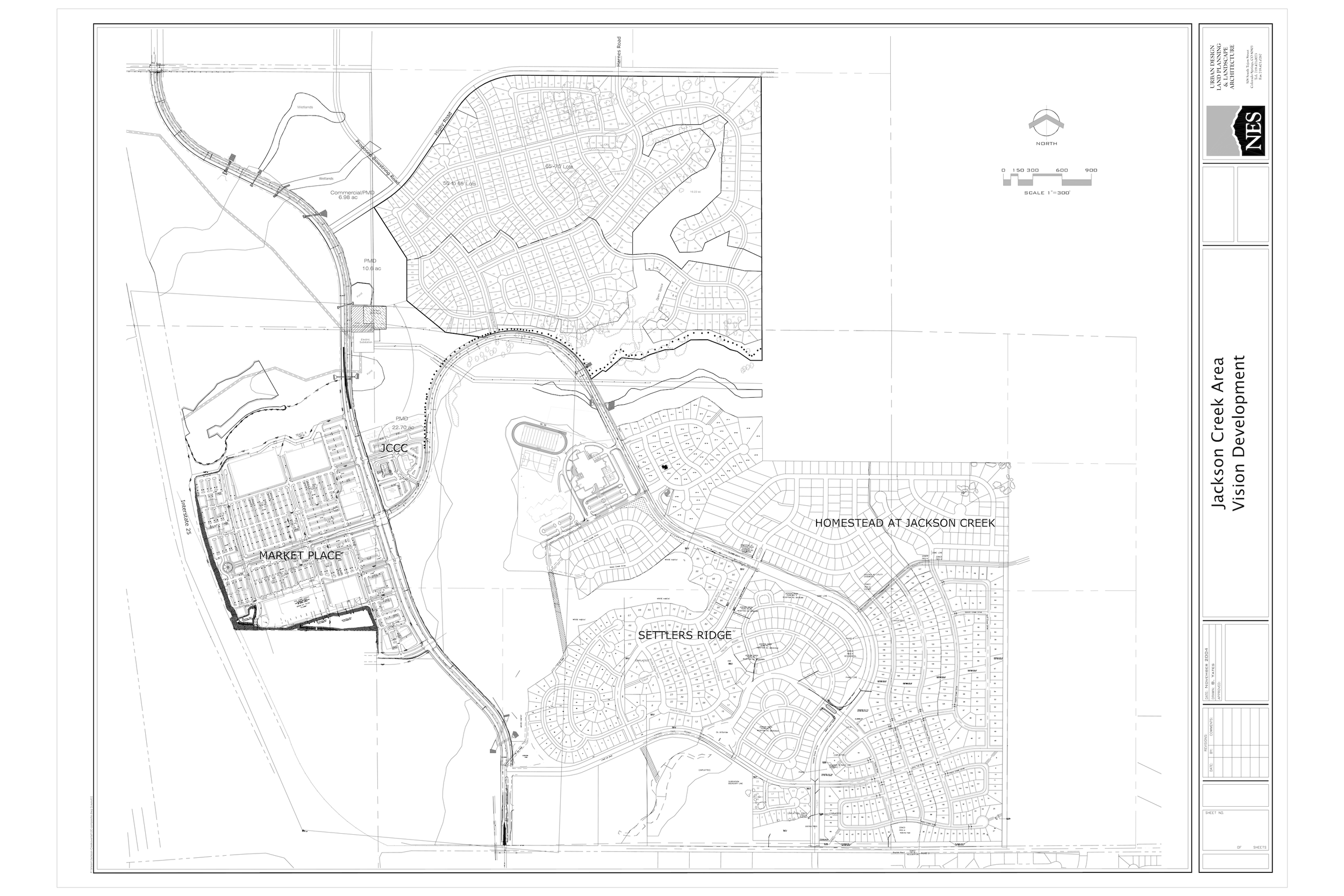 Detailed black-and-white urban planning map showing neighborhoods, roads, and development areas in Jackson Creek, including landmarks like Market Place, Homestead at Jackson Creek, and Settlers Ridge.