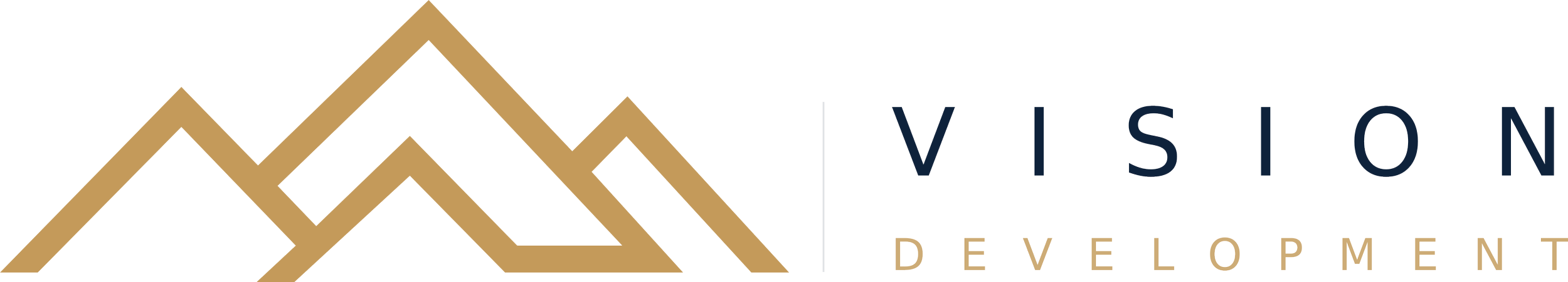 Logo of VISION DEVELOPMENT with stylized mountain peaks in gold and navy blue text.