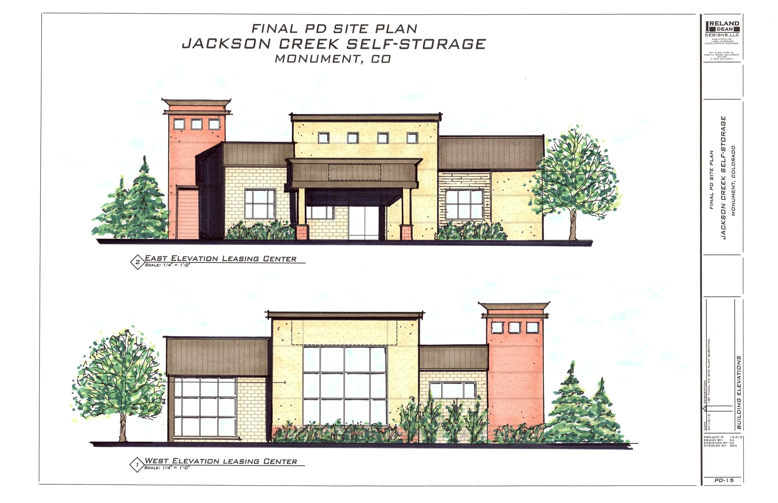 Architectural drawings of a building's east and west elevation views for Jackson Creek Self-Storage in Monument, Colorado, with trees and landscaping.