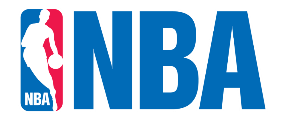 NBA logo with a silhouette of a basketball player dribbling a ball, divided into red and blue background, next to large blue letters spelling "NBA"