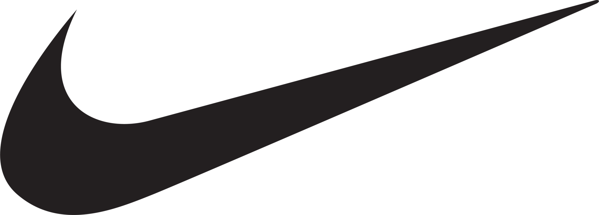 Close-up of a black Nike swoosh logo on a black background.