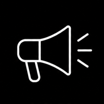 White outline of a megaphone with sound lines on a black background.