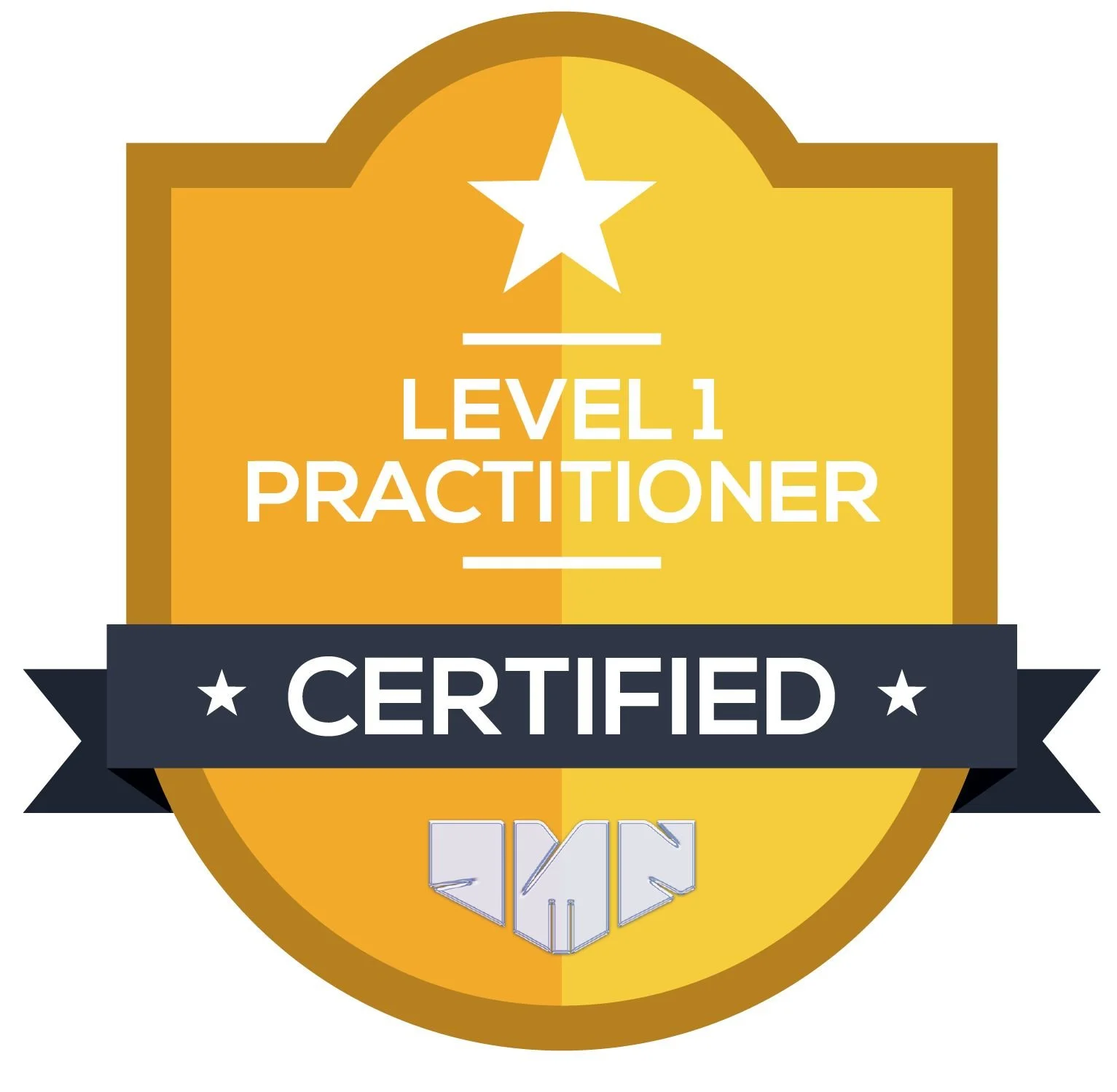 A badge with a gold and black color scheme indicating certification at Level 1 for practitioners. The badge features a white star at the top, the words "Level 1 Practitioner" in the center, a black ribbon across the middle with "Certified" in white, and a stylized triangular icon at the bottom.
