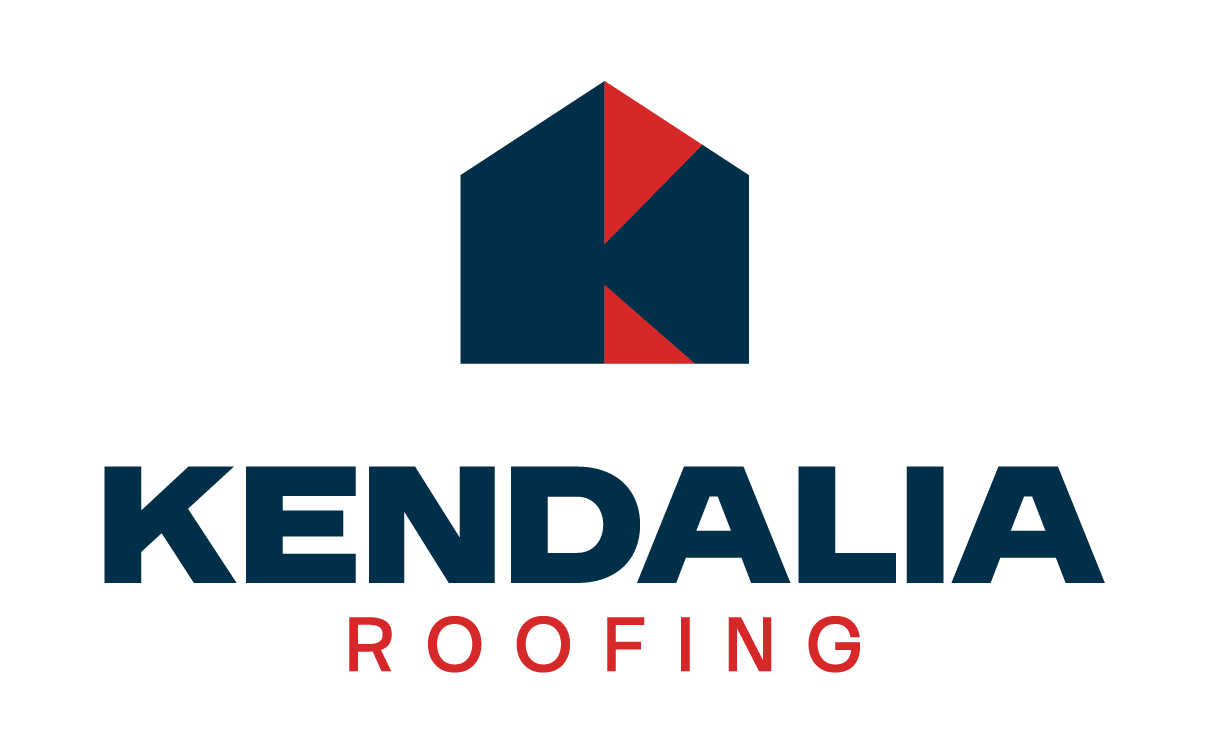 Logo for Kendallia Roofing featuring a stylized house with a roof in red and blue, and the company name "Kendalia Roofing" in bold blue and red font.
